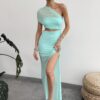 SHEIN Aloruh Spring Asymmetrical Neck Ruched Hollow-Out High Split Long Dress
