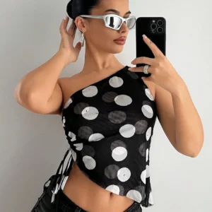 SHEIN EgrlEra Women Polka Dot Layered Asymmetrical Neck Mesh Top