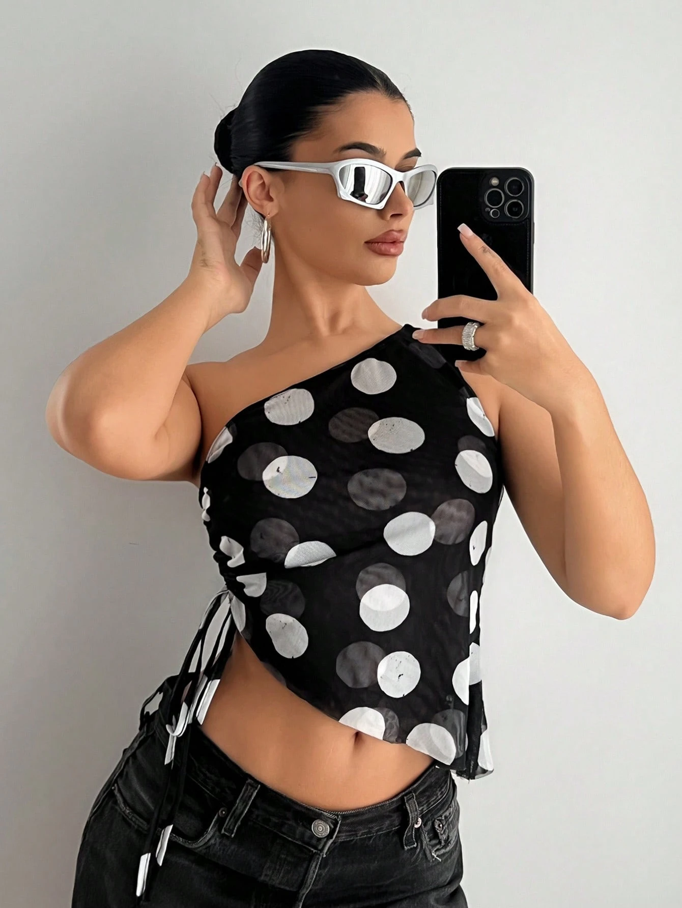 SHEIN EgrlEra Women Polka Dot Layered Asymmetrical Neck Mesh Top