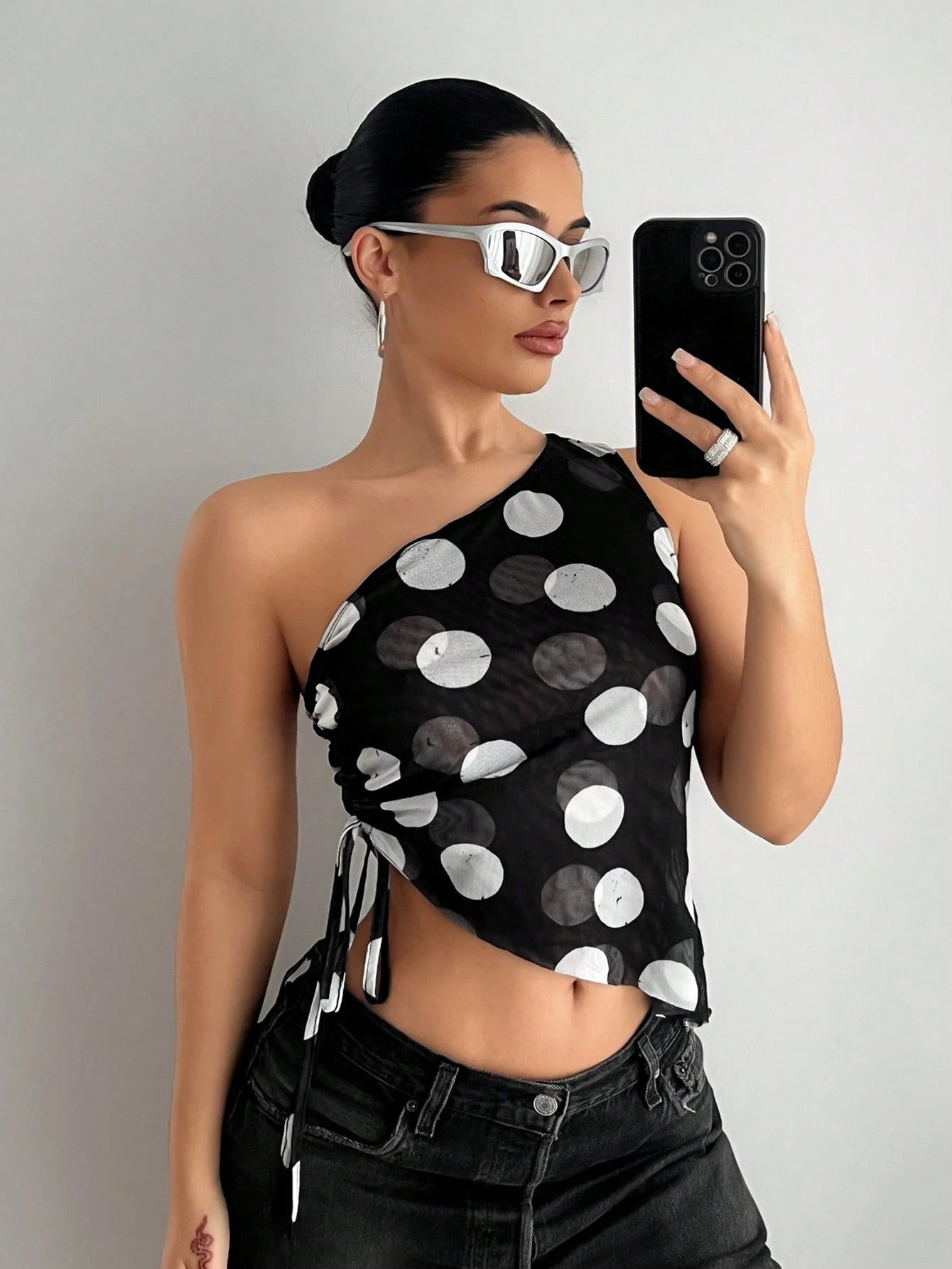 SHEIN EgrlEra Women Polka Dot Layered Asymmetrical Neck Mesh Top - Image 3
