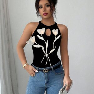 SHEIN Elenzga Fashionable & Sexy Handmade 3D Floral Decor Women T-Shirt