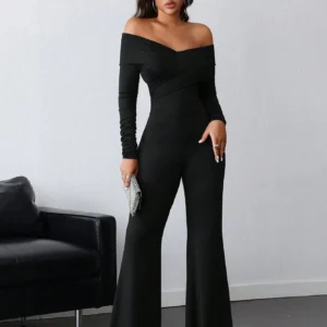 SHEIN INAWLY Black V-Neck Ruched Open Shoulder Long Sleeve Jumpsuit