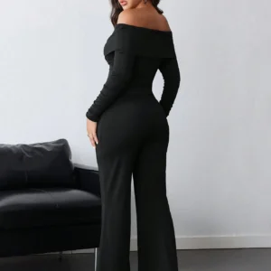 SHEIN INAWLY Black V-Neck Ruched Open Shoulder Long Sleeve Jumpsuit