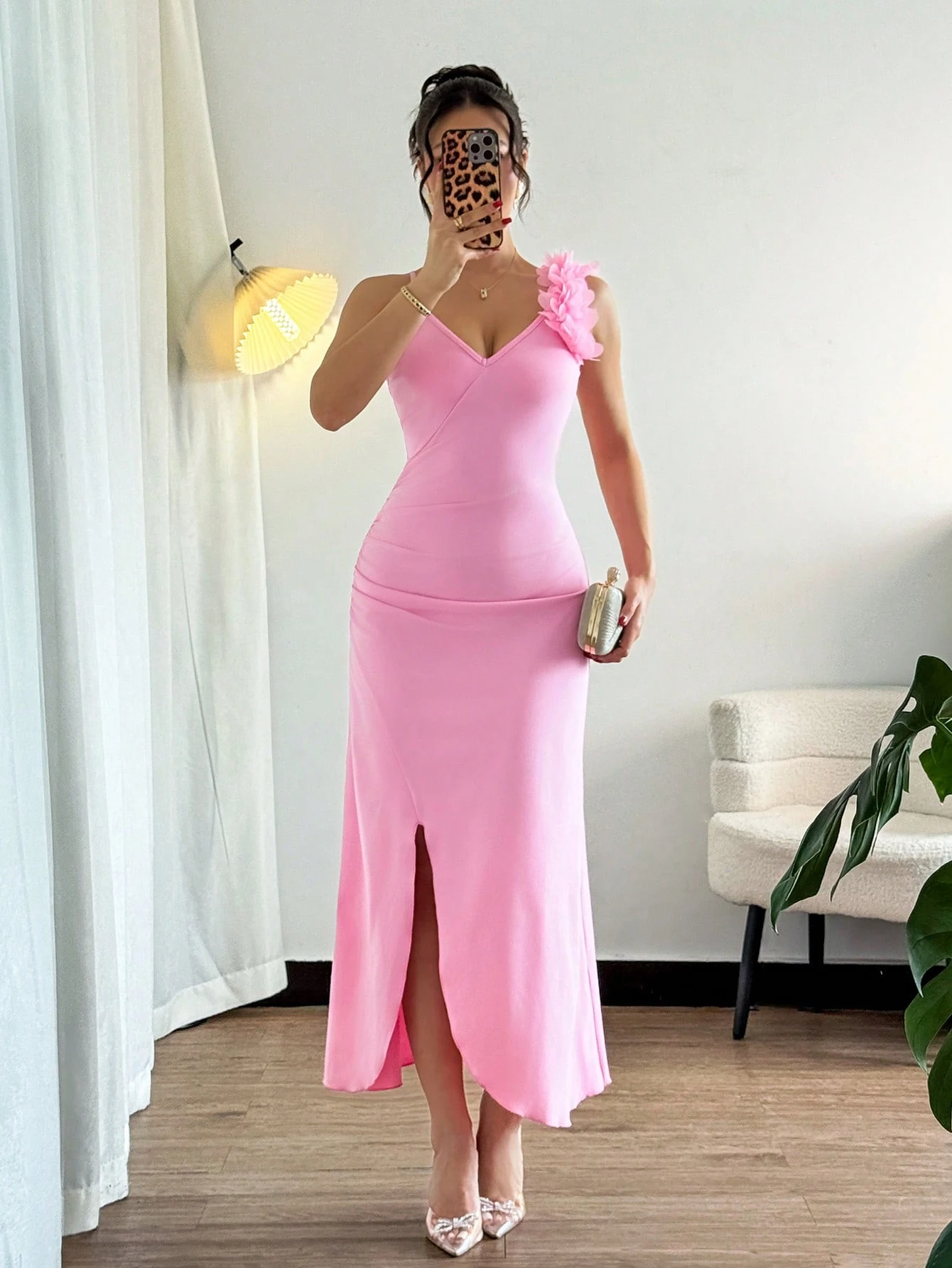 SHEIN Islaluna 1pc 3D Cut-Out Waist Ruched High Slit Long Dress