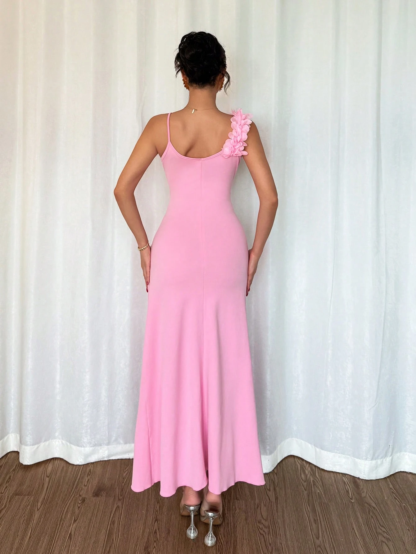 SHEIN Islaluna 1pc 3D Cut-Out Waist Ruched High Slit Long Dress