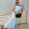SHEIN Roylia Women Summer Elegant Fitted One Shoulder Reversible High Slit Vintage Dress