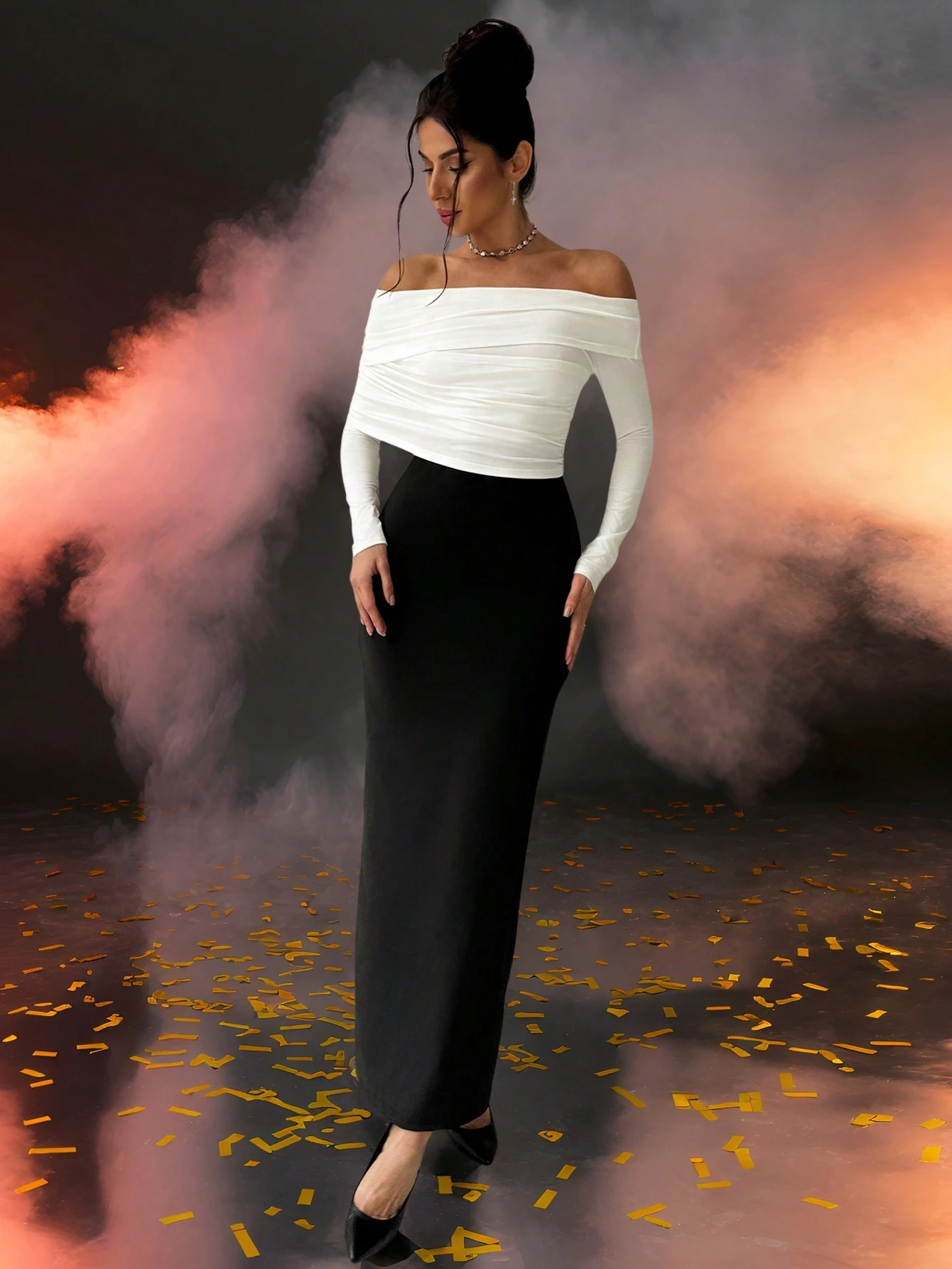 SHEIN Privé New Elegant Chic Commuter Vintage Modern Asymmetric Collar Maxi Dress