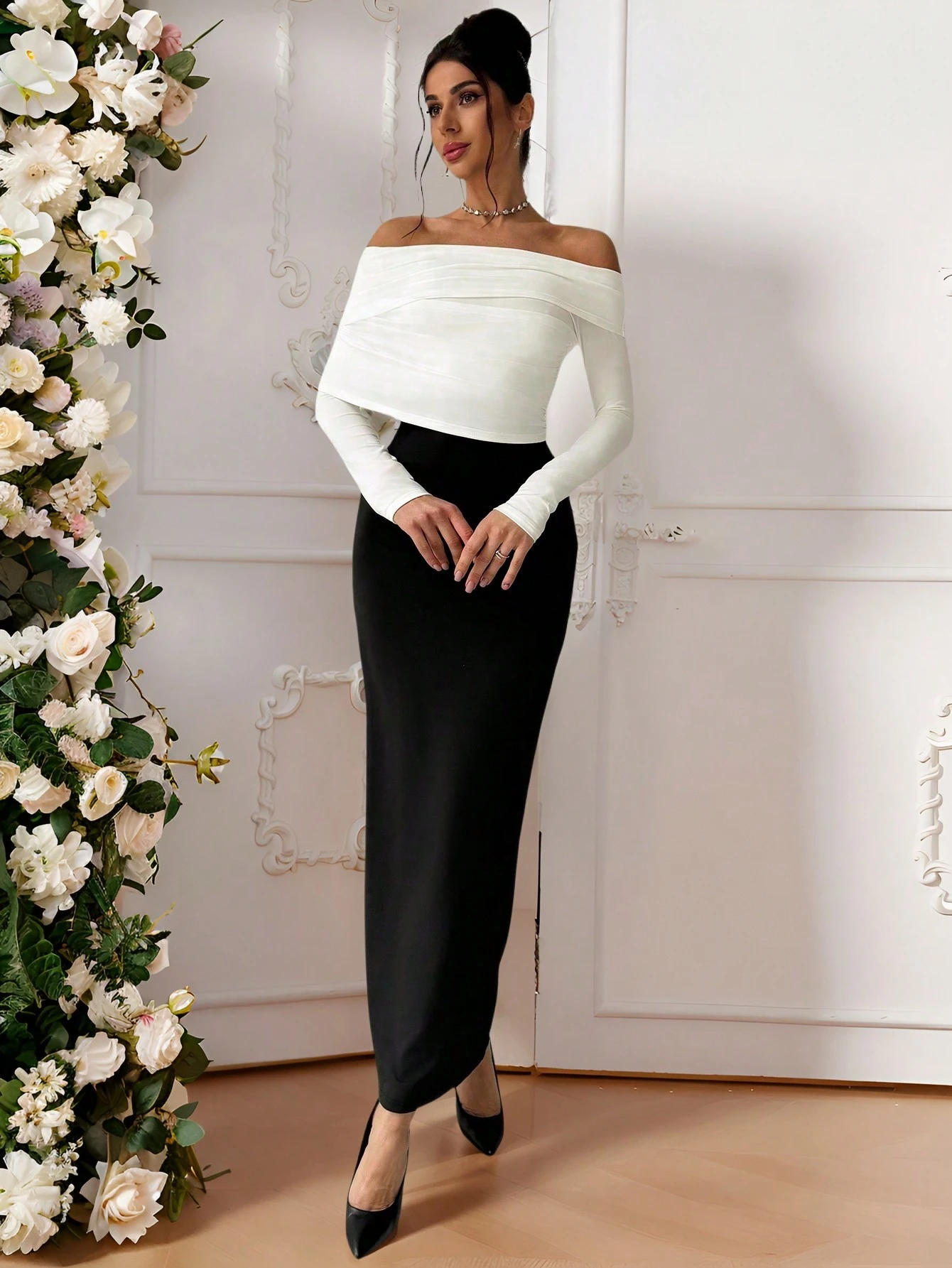 SHEIN Privé New Elegant Chic Commuter Vintage Modern Asymmetric Collar Maxi Dress