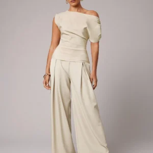 SHEIN Silquee Women Elegant Solid Color Asymmetrical Neck Pleated Fitted Blouse