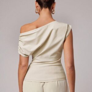 SHEIN Silquee Women Elegant Solid Color Asymmetrical Neck Pleated Fitted Blouse