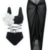 SHEIN Swim Oasis 3pcs Set Summer Vacation Black Sexy 3D Flower