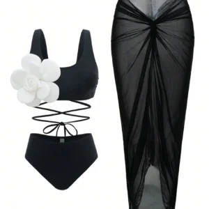 SHEIN Swim Oasis 3pcs Set Summer Vacation Black Sexy 3D Flower