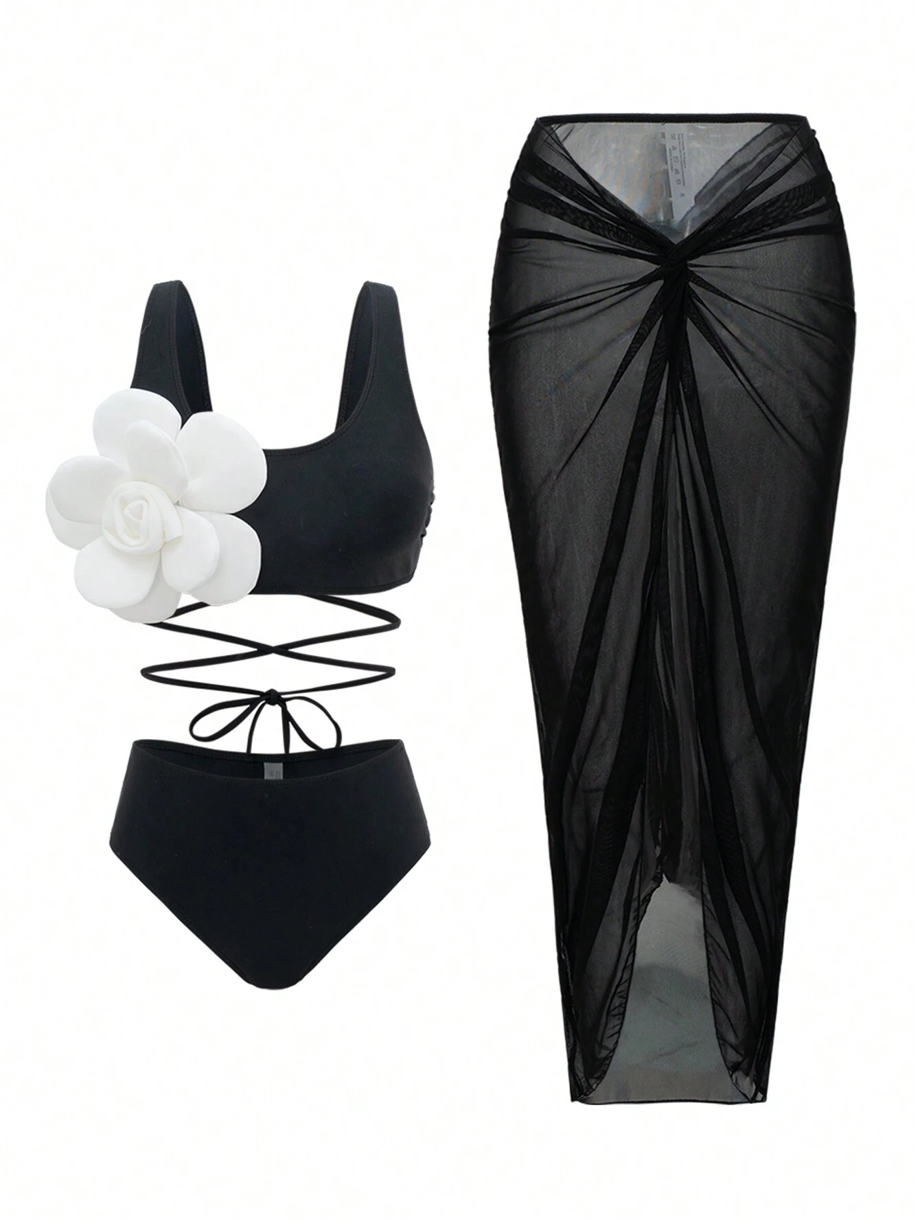 SHEIN Swim Oasis 3pcs Set Summer Vacation Black Sexy 3D Flower