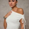 SHEIN BAE Women White Solid Color Sexy Crochet Knit Shoulder Exposed Blouse