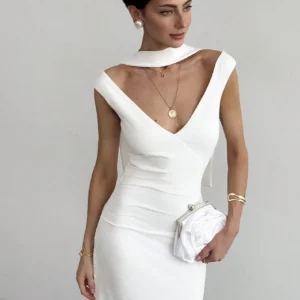 SHEIN Aloruh Minimalist Commuter Ruched Off-Shoulder Tie-Neck Bodycon Dress
