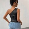 SHEIN Chiquease Women's Asymmetrical Shoulder Knit PU Top, Sexy
