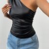 SHEIN Chiquease Women's Asymmetrical Shoulder Knit PU Top, Sexy