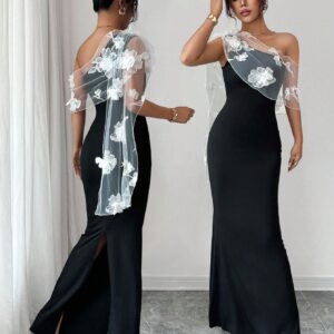 SHEIN Elenzga Women's Elegant Mesh Patchwork 3D Floral Decor Fishtail Dress