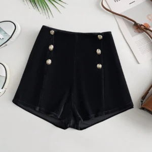 SHEIN Franclia Women's Versatile Low Waist Form-Fitting Velvet Side Metal Button Decorated Shorts