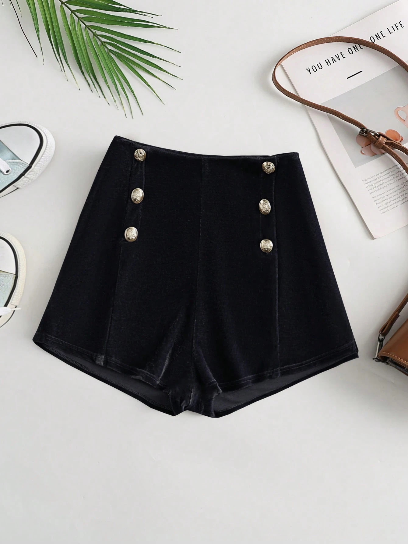 SHEIN Franclia Women's Versatile Low Waist Form-Fitting Velvet Side Metal Button Decorated Shorts