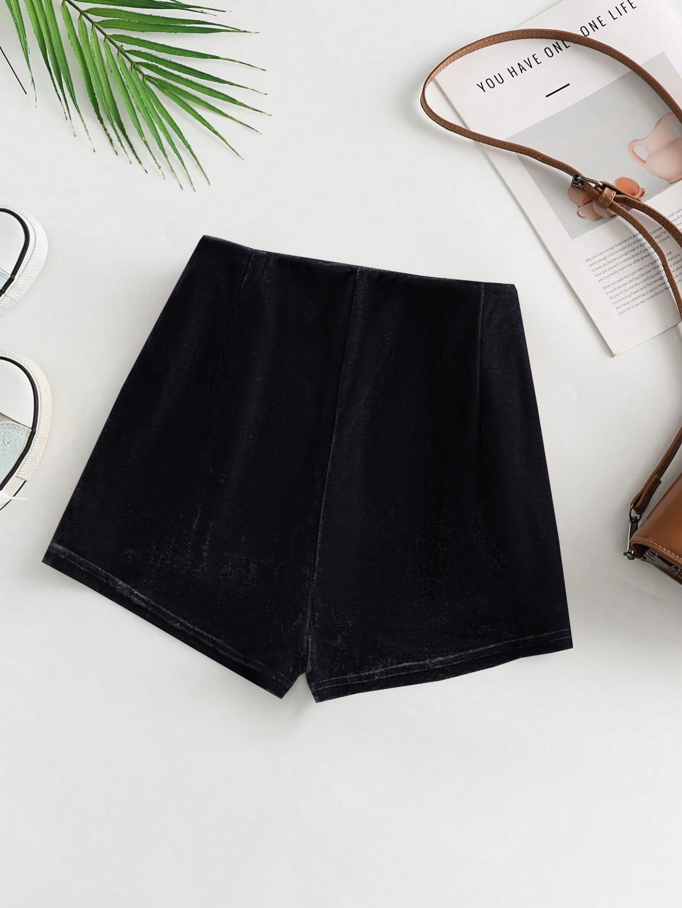 SHEIN Franclia Women's Versatile Low Waist Form-Fitting Velvet Side Metal Button Decorated Shorts