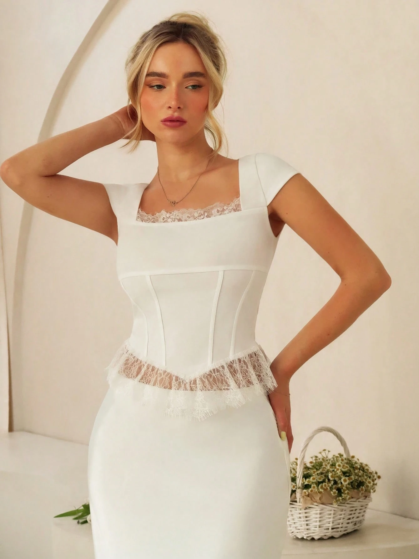 SHEIN Glamine Women's Short Sleeve Lace Patchwork Faux Fishbone Short T-Shirt