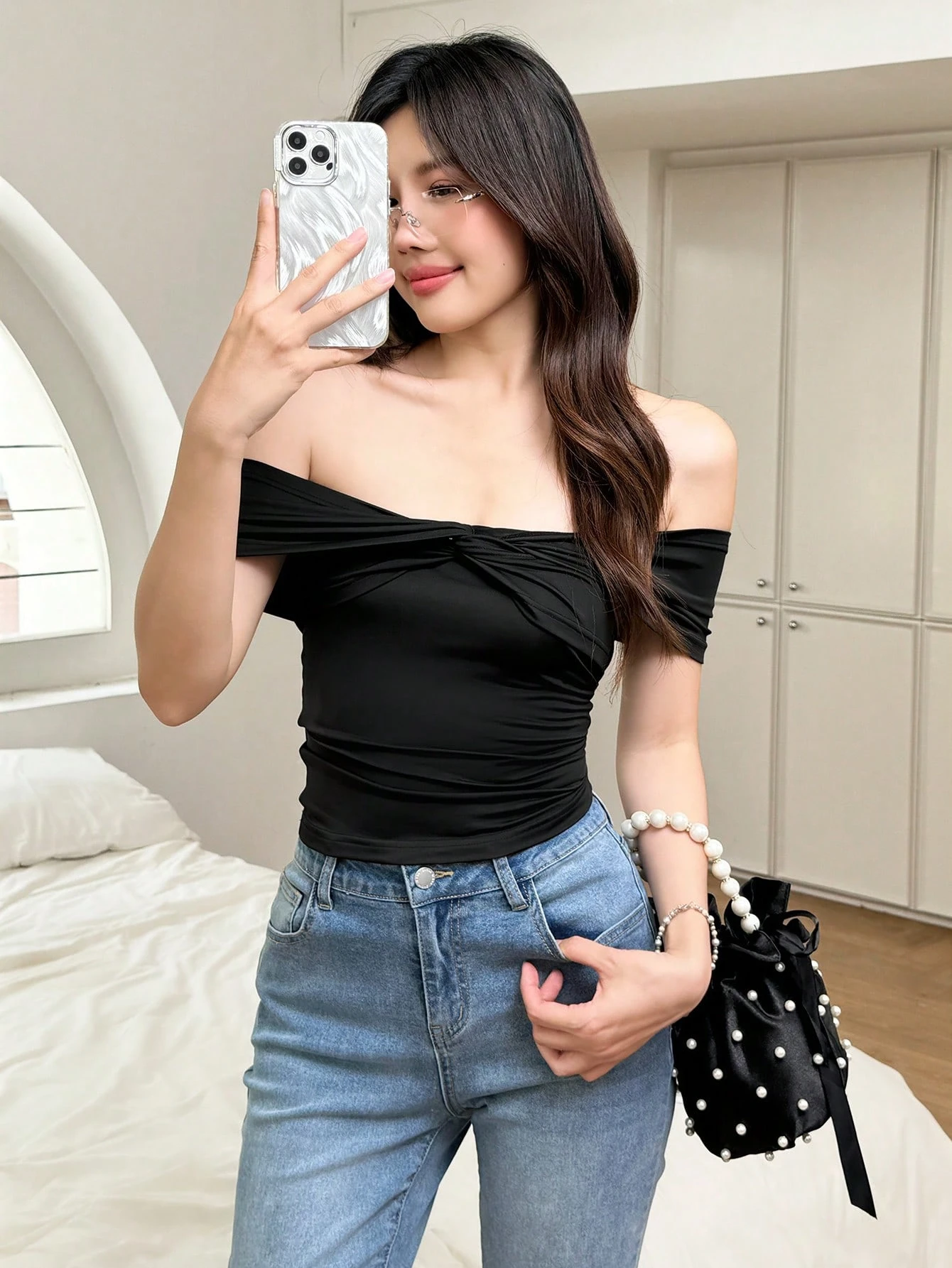 SHEIN K-Vae Women's Black Knitted Stretch Summer One-Shoulder Top