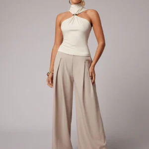 SHEIN Silquee Women's Solid High-Aged Metal Decoration Ruched Halter Neck Slim Top