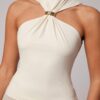 SHEIN Silquee Women's Solid High-Aged Metal Decoration Ruched Halter Neck Slim Top