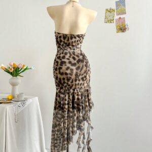 SHEIN Soleia Romantic Floral Mesh Ruffle Tie Halter Dress