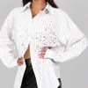 SHEIN Oversized Rhinestone Embellished Loose Striped Long Shirt