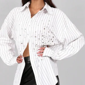 SHEIN Oversized Rhinestone Embellished Loose Striped Long Shirt
