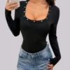 SHEIN Ribbed Studded Crew Neck Long Sleeve Bodysuit