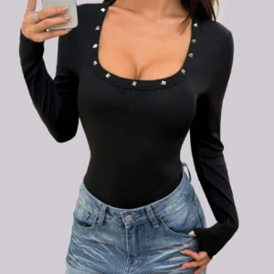 SHEIN Ribbed Studded Crew Neck Long Sleeve Bodysuit