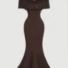 SHEIN MOD 1pc Off Shoulder Mohair Bodycon Fishtail Knit Coffee Color Dress
