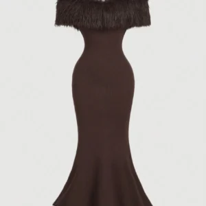 SHEIN MOD 1pc Off Shoulder Mohair Bodycon Fishtail Knit Coffee Color Dress