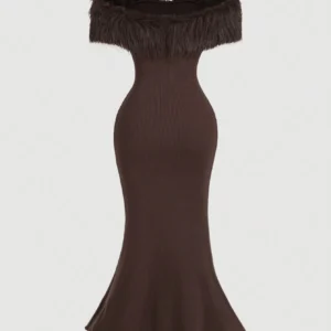 SHEIN MOD 1pc Off Shoulder Mohair Bodycon Fishtail Knit Coffee Color Dress