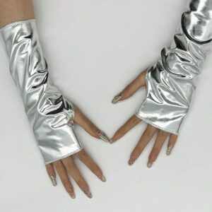 A Pair Of Women's Short Patent Leather Fingerless Gloves
