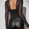 SHEIN Chiquease Fashionable Sexy Slimming S-Shaped Sheer Mesh Contrast Black Long Sleeve Blouse