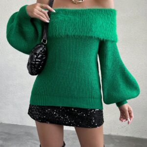 SHEIN Chiquease Off Shoulder Lantern Sleeve Sweater Knit Pullover