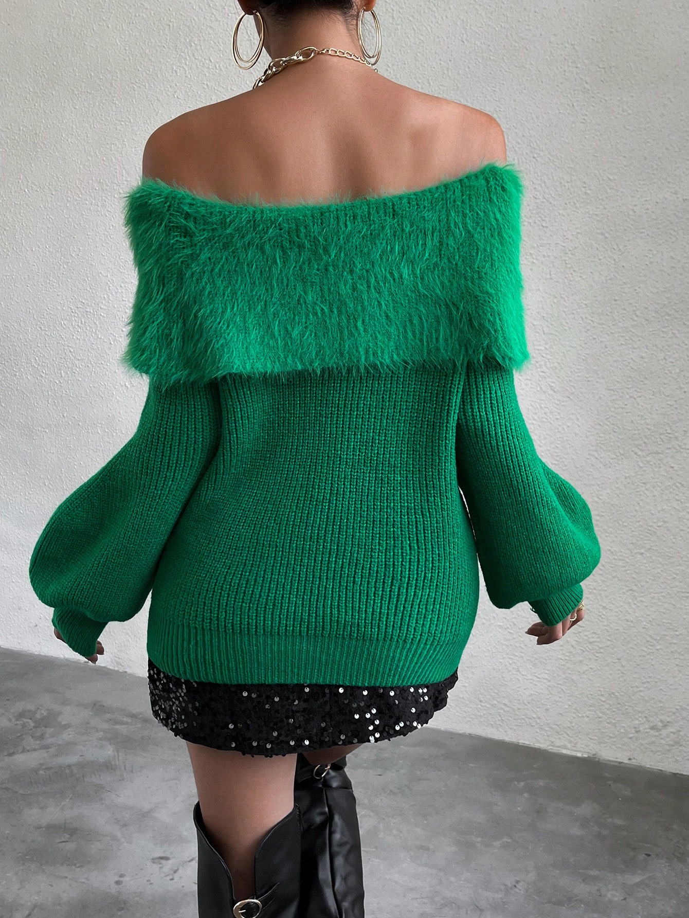 SHEIN Chiquease Off Shoulder Lantern Sleeve Sweater Knit Pullover