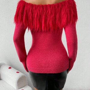 SHEIN Chiquease Women's Fuzzy Off Shoulder Long Sleeve Pullover Sweater Knit
