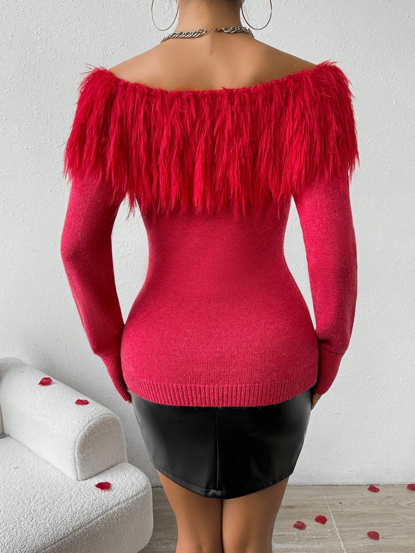 SHEIN Chiquease Women's Fuzzy Off Shoulder Long Sleeve Pullover Sweater Knit