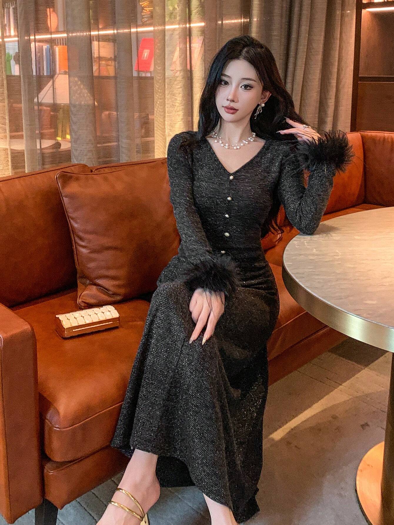 SHEIN DAZY Women's Solid V-Neck Long Sequin & Fluffy Patchwork Dress