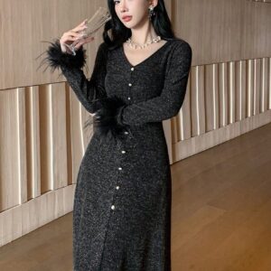 SHEIN DAZY Women's Solid V-Neck Long Sequin & Fluffy Patchwork Dress