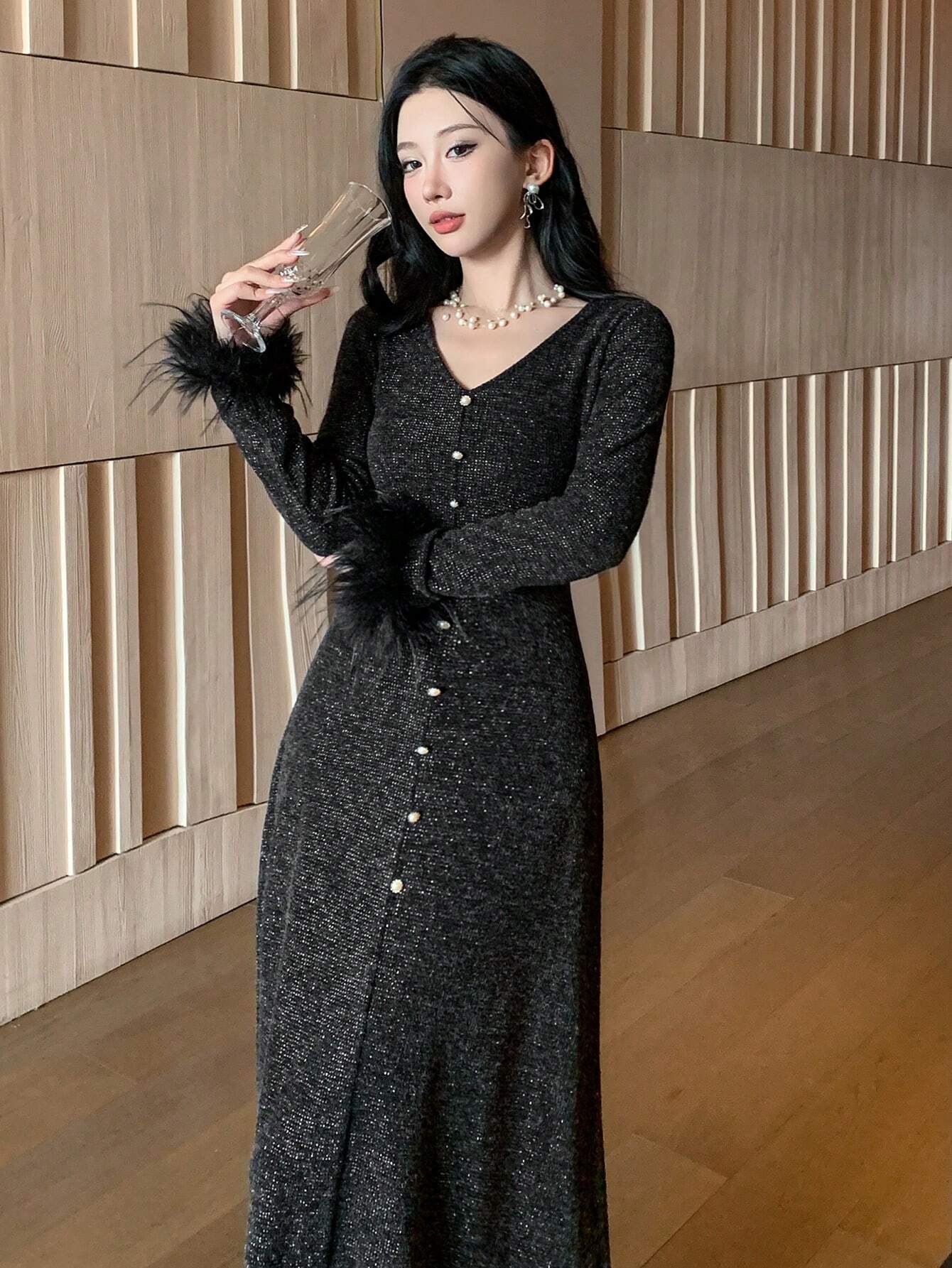 SHEIN DAZY Women's Solid V-Neck Long Sequin & Fluffy Patchwork Dress