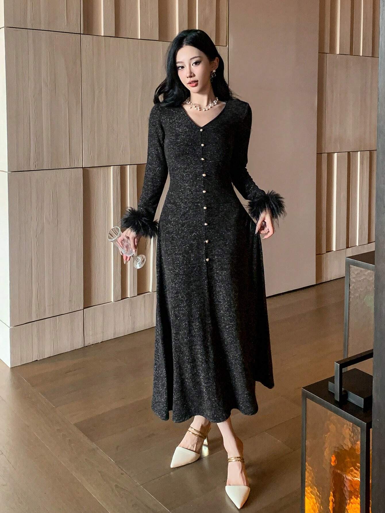 SHEIN DAZY Women's Solid V-Neck Long Sequin & Fluffy Patchwork Dress