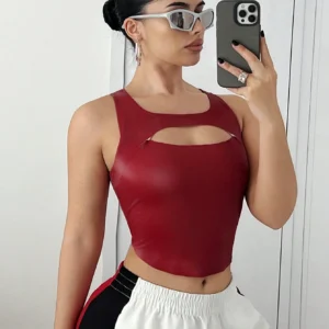 SHEIN EgrlEra Women Sexy PU Leather Fashion Cropped Slim Fit Tank Top