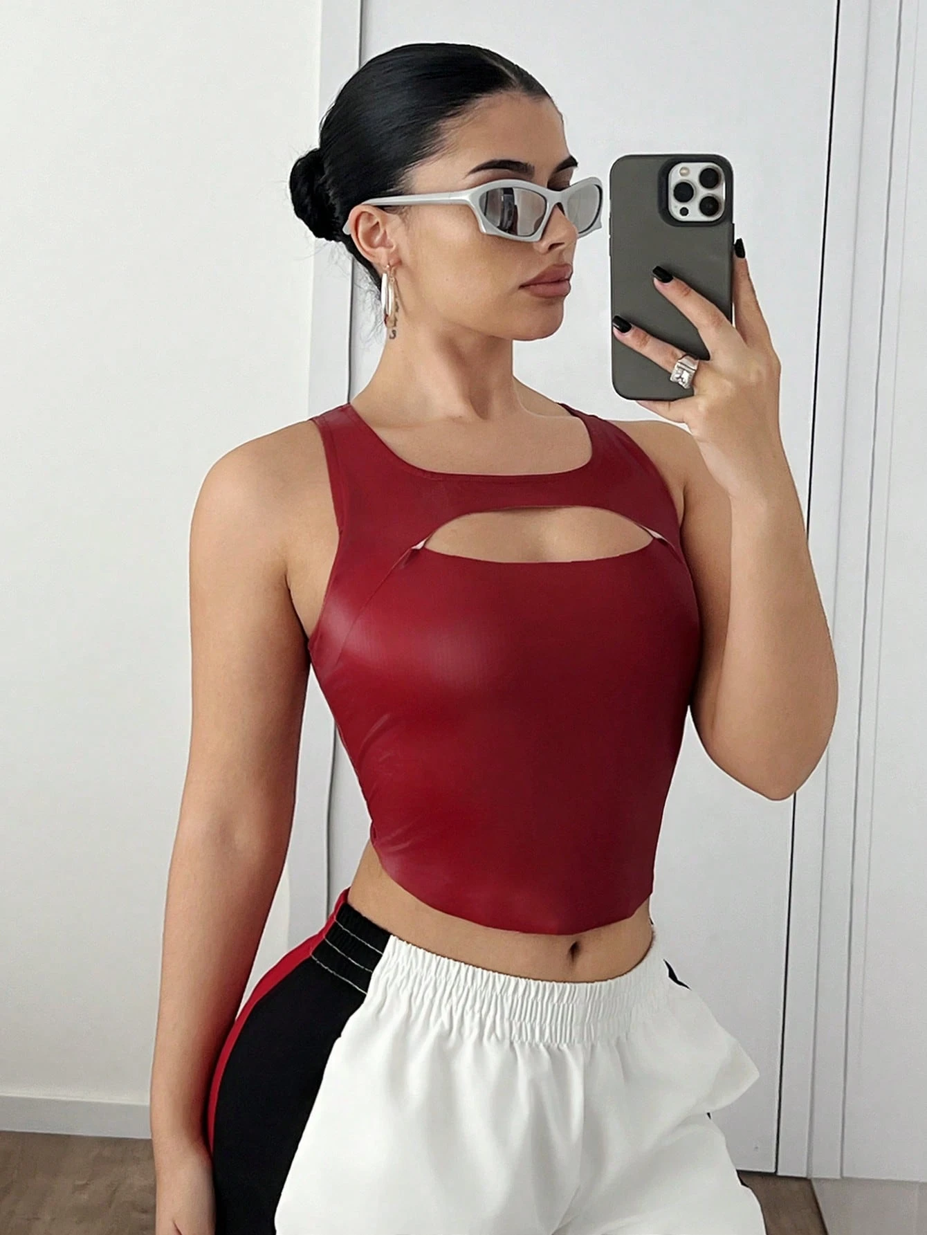 SHEIN EgrlEra Women Sexy PU Leather Fashion Cropped Slim Fit Tank Top