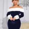SHEIN SXY Women Elegant Plush Trim Off Shoulder Bodycon Dress